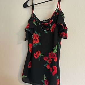 Express Black Top with Red Floral Accents